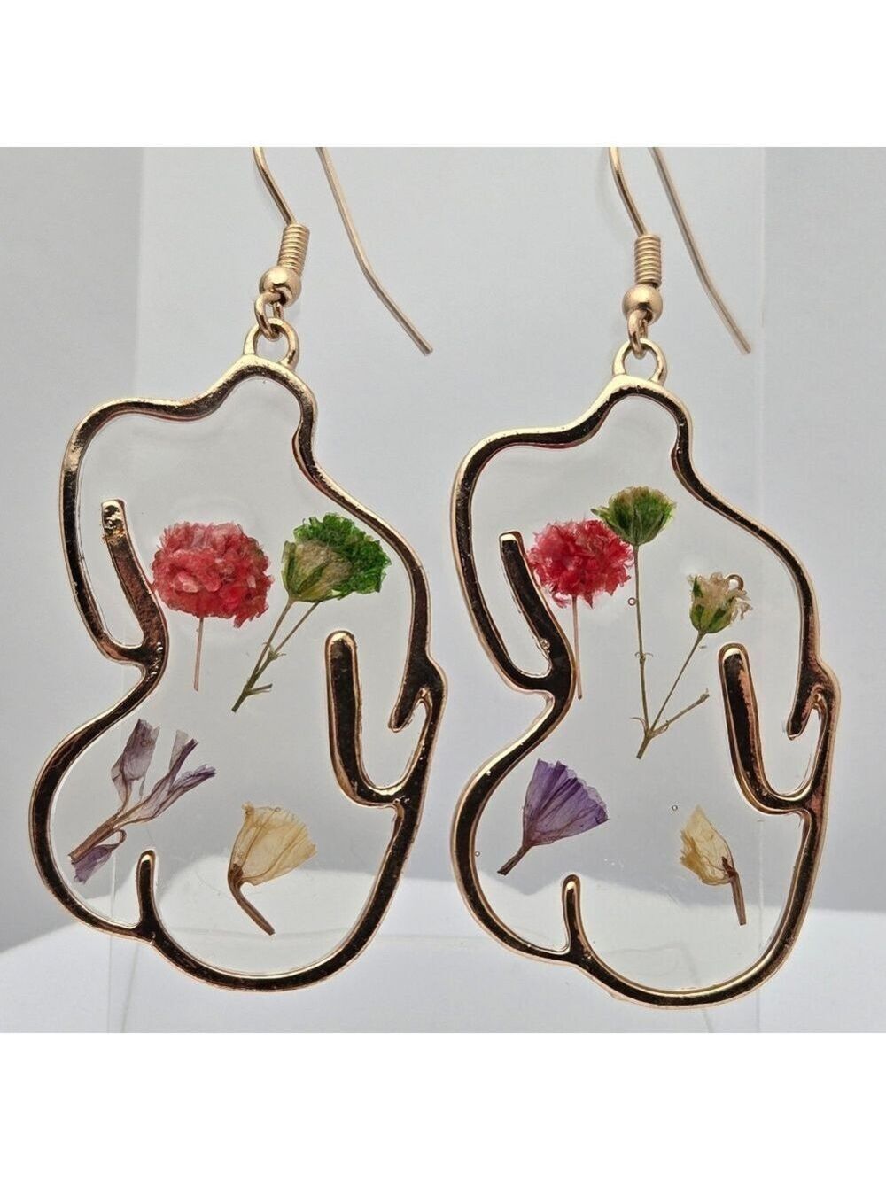 Resin Botanical Flower Silhouette Earrings Real Dried Flowers Body Form 2”